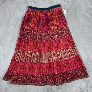 St. John's Bay Women's 8P Petite Boho Crinkle Maxi Skirt Pink Patchwork Cotton